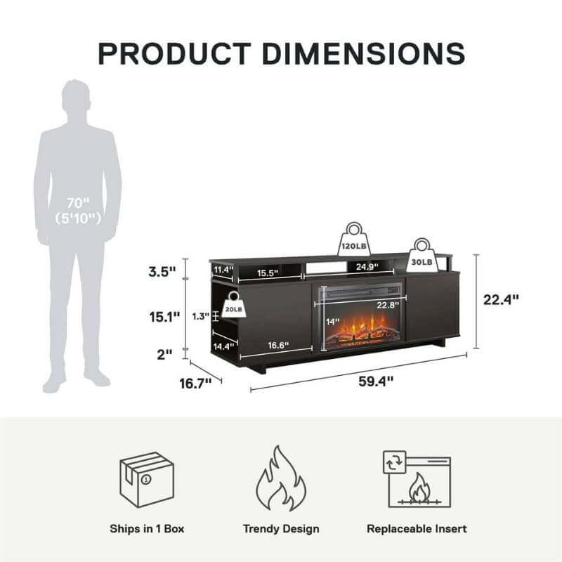Meuble TV Ameriwood Home couleur expresso avec cheminée électrique à ventilation forcée pour téléviseurs jusqu'à 65 pouces – Image 2
