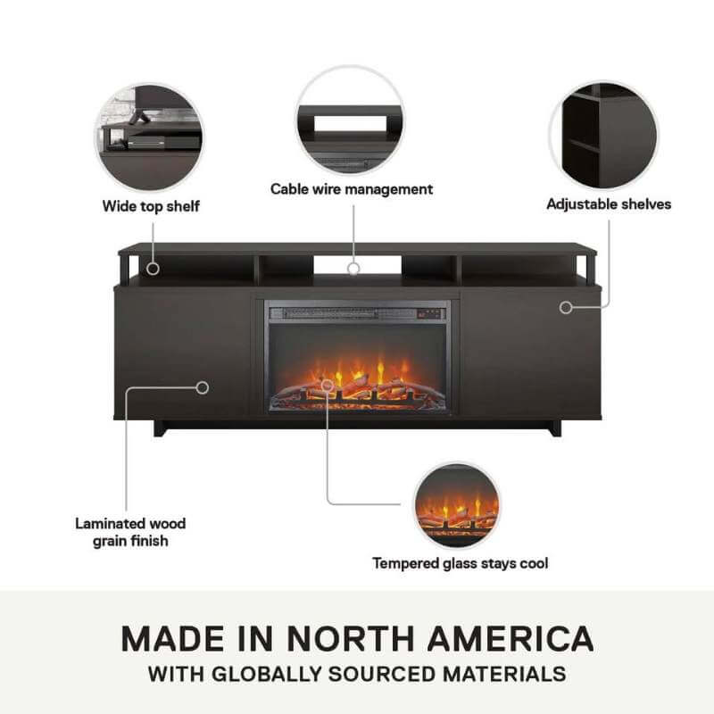 Meuble TV Ameriwood Home couleur expresso avec cheminée électrique à ventilation forcée pour téléviseurs jusqu'à 65 pouces – Image 3