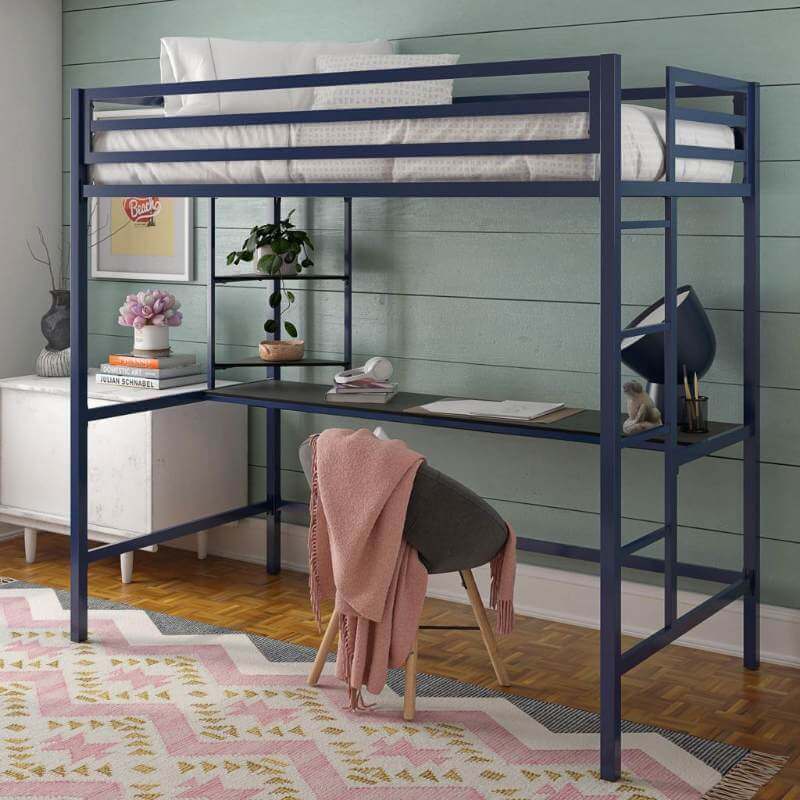 Lit mezzanine simple en métal Maxwell avec bureau et 2 étagères – Image 3
