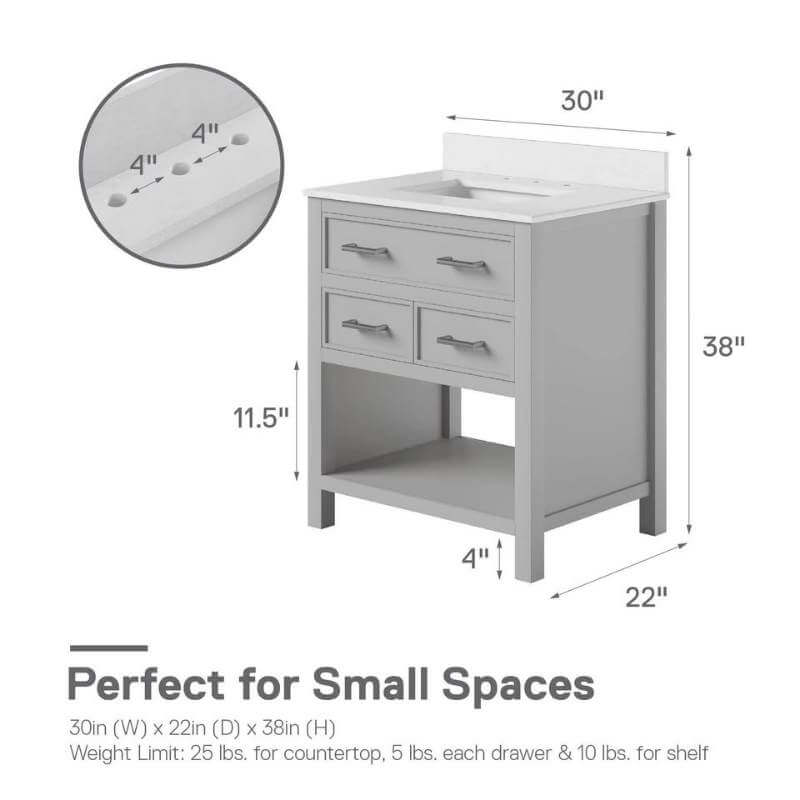 Meuble-lavabo DHP Maine de 76 cm (30 po) avec comptoir en marbre de Carrare et lavabo rectangulaire en céramique, gris argenté – Image 4