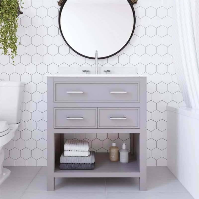 Meuble-lavabo DHP Maine de 76 cm (30 po) avec comptoir en marbre de Carrare et lavabo rectangulaire en céramique, gris argenté