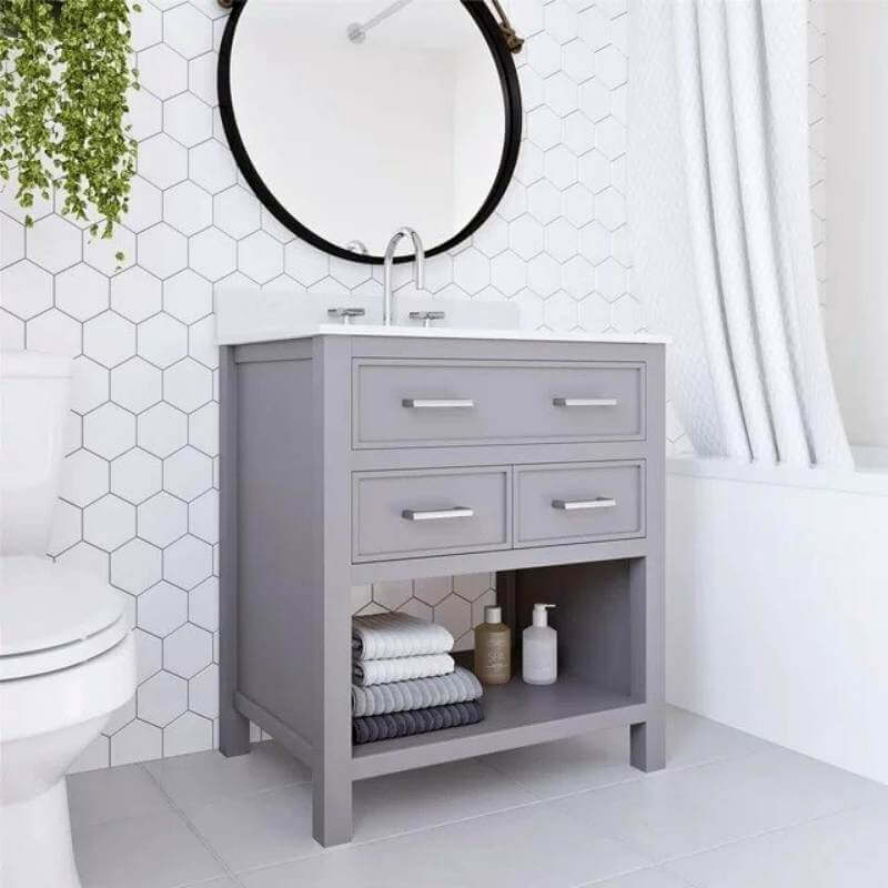 Meuble-lavabo DHP Maine de 76 cm (30 po) avec comptoir en marbre de Carrare et lavabo rectangulaire en céramique, gris argenté – Image 2