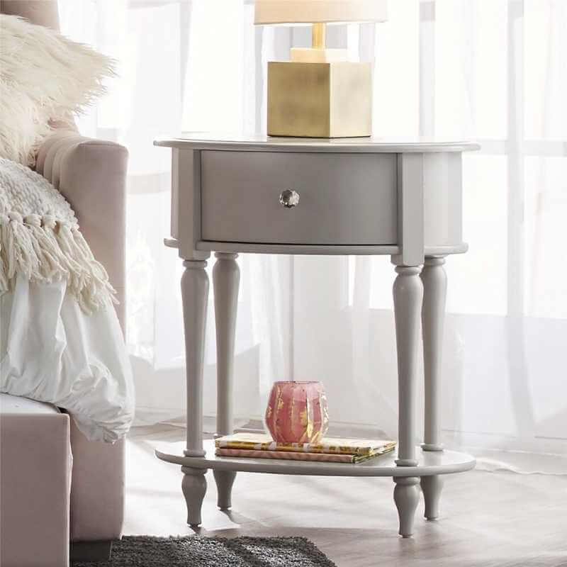Table de Nuit Ovale Classique avec Tiroir et Étagère – Image 3