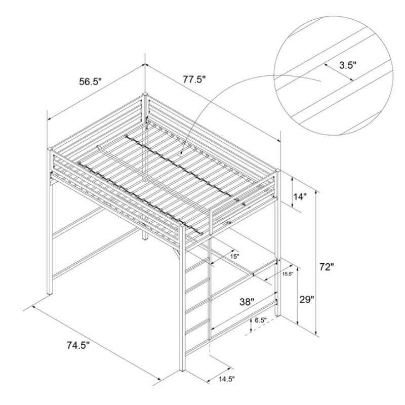 Lit mezzanine double en métal Dorel Miles avec bureau intégré, couleur argent – Image 6