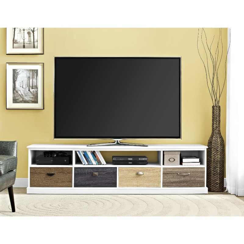 Meuble TV Mercer avec façades de tiroirs multicolores pour téléviseurs de 65 pouces, blanc
