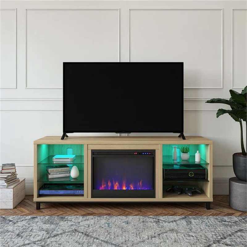 Meuble TV de luxe avec foyer intégré Ameriwood Home Lumina 65 po L en chêne blond, en bois d'ingénierie - Pour téléviseurs jusqu'à 70 po