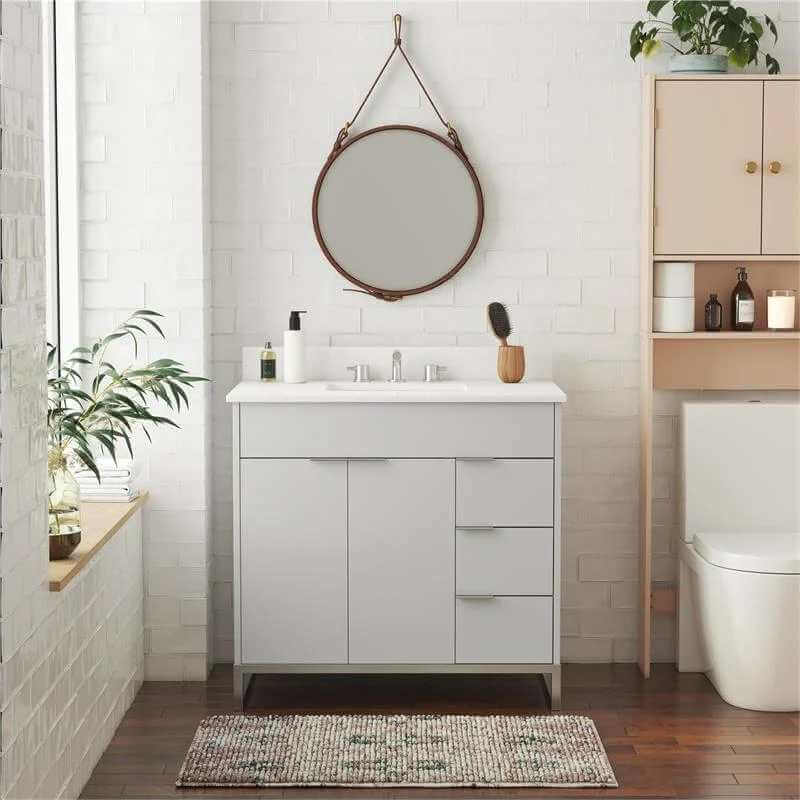 Meuble-lavabo CosmoLiving Leona 36 po, gris avec détails métalliques argentés