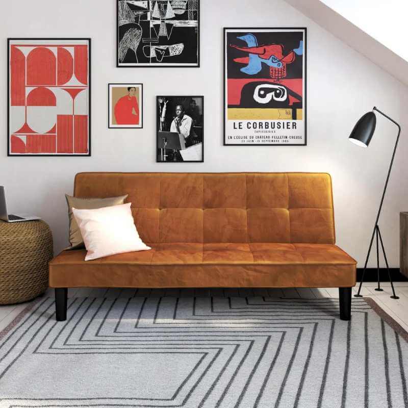 Futon Tyler en velours capitonné avec cadre en bois