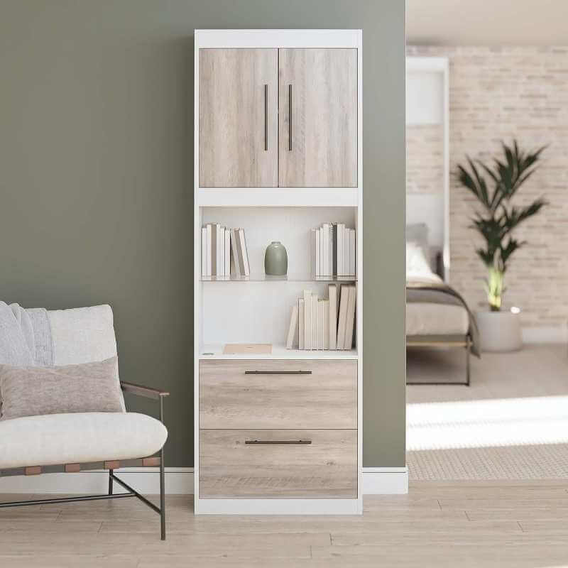Signature Sleep Pinnacle-Armoire latérale simple pour lit mural, capteur tactile, éclairage LED et rangement, blanc/gris chêne